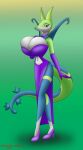  anthro big_breasts breasts chameloshi clothing dress female gloves hand_on_breast handwear hi_res high_heels huge_breasts navel nintendo pok&eacute;mon pok&eacute;mon_(species) purple_clothing serperior solo standing video_games 