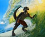  2016 5_fingers absurd_res anthro biped clothed clothing digital_media_(artwork) fingers fur hi_res lutrine male mammal mustelid open_mouth raised_tail refraction solo standing surfboard surfer surfing swish topless transmission vehicle watercraft wave wet 