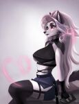  alicezap anthro breasts canid canid_demon demon female fur hair hellhound helluva_boss hi_res long_hair loona_(helluva_boss) mammal multicolored_body multicolored_fur sitting solo two_tone_body two_tone_fur 