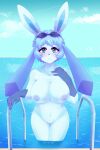  2021 5_fingers anthro anthrofied big_breasts big_ears blue_body blue_eyes blue_fur blue_nipples blue_nose blush breasts cleft_of_venus cloud eeveelution female fingers fur genitals glaceon gloves_(marking) hair hand_on_breast hand_on_chest handlebars hi_res huge_breasts inosagi long_ears looking_at_viewer markings multicolored_body multicolored_fur navel nintendo nipples nude partially_submerged pok&eacute;mon pok&eacute;mon_(species) pussy short_hair sky solo swimming_goggles swimming_pool thick_thighs tuft video_games water 