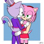  1:1 amy_rose anthro blaze_the_cat domestic_cat duo eulipotyphlan felid feline felis female female/female fur green_eyes hedgehog hi_res la89 mammal open_mouth pink_body pink_fur purple_body purple_fur sega sonic_the_hedgehog_(series) tail_petting touching_butt 