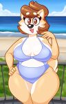  acstlu anthro beach belly big_breasts breasts brown_hair canid canine canis circle_eyebrows clothing cutout domestic_dog eyebrows female freckles hair herding_dog hi_res mammal mature_female one-piece_swimsuit outside pastoral_dog railing seaside short_hair slightly_chubby smile solo swimwear thick_thighs welsh_corgi wide_hips 