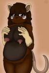  absurd_res anthro black_eyes black_nose blush bodily_fluids breasts brown_body brown_fur brown_hair chocolate_mouse darknetic female fur hair happy hi_res lactating looking_at_viewer mammal mature_female mouse murid murine nipples rodent simple_background slightly_chubby smile solo sweetchu unusual_bodily_fluids 