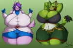  2019 absurd_res anthro artist_name big_breasts blush bottomwear bouncing_breasts breast_jiggle breast_squish breasts carol_tea cleavage cleavage_overflow clothed clothing crop_top curvy_figure digital_media_(artwork) dragon duo eyelashes felid feline felis female fingers freedom_planet freedom_planet_2 fur gloves green_background green_body green_eyes green_fur green_stripes hair hands_behind_head handwear hi_res horn hourglass_figure huge_breasts hybrid inner_ear_fluff looking_at_viewer mammal midriff multicolored_body multicolored_fur pink_body pink_skin pupils purple_eyes purple_hair sash_lilac sharp_teeth shirt shorts signature simple_background slit_pupils smile squish standing striped_body striped_fur stripes superix teeth thick_thighs tongue topwear tuft video_games voluptuous white_body white_fur wide_hips wildcat 