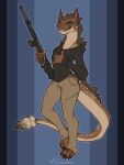  2021 3:4 absurd_res anthro artist_name barefoot blue_background bottomwear brown_body clothed clothing cynicalstarr digital_media_(artwork) feet fully_clothed gun hi_res holding_gun holding_object holding_weapon hoodie pants ranged_weapon signature simple_background solo topwear weapon 