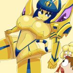  1:1 absurd_res animal_crossing ankha_(animal_crossing) anthro big_breasts blood blue_hair blush bodily_fluids breasts canid canine canis cleavage clothed clothing domestic_cat domestic_dog felid feline felis female hair hi_res isabelle_(animal_crossing) mammal nintendo nosebleed saltynoodles video_games yellow_body 