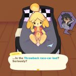  1:1 absurd_res animal_crossing anthro bed bell breasts canid canine canis clothed clothing clothing_aside domestic_dog english_text female furniture genitals hi_res inner_side_boob isabelle_(animal_crossing) lying lying_on_bed mammal navel nintendo on_back on_bed open_clothing open_shirt open_topwear panties panties_aside pawpads paws presenting presenting_pussy pussy racecar_bed shirt side_boob simple_eyes speech_bubble text tfwnocatgirlgf topwear underwear underwear_aside video_games villager_(animal_crossing) wood_floor 