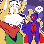  1:1 anthro avian beak bird blue_body canid canine clothed clothing digital_media_(artwork) duo falco_lombardi feathers fizzyjay fox fox_mccloud hi_res humor male mammal micro nintendo simple_background star_fox video_games 