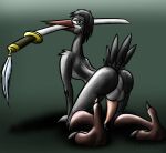  all_fours anthro anus avian bassybefuddle beak bird butt edgar_lonta_(whaddon) feathers genitals heron male melee_weapon pelecaniform penis pose presenting presenting_hindquarters solo sword sword_in_mouth tail_feathers talons weapon 