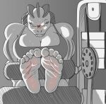 5_toes absurd_res barefoot blush bodily_fluids body_blush breasts cleavage clothed clothing exercise feet female foot_blush foot_focus hi_res humanoid machoke monochrome muscular muscular_female nintendo pok&eacute;mon pok&eacute;mon_(species) soles solo sweat tina_(zp92) toes video_games workout zp92 