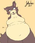  anthro beastars belly belly_overhang big_belly blush breasts canid canine canis chubby_female featureless_breasts female hi_res juno_(beastars) mammal navel open_mouth overweight overweight_female simple_background slightly_chubby solo wolf yauhasart 