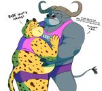  2021 anthro anthro_on_anthro belly benjamin_clawhauser big_belly big_muscles bottomwear bovid bovine cape_buffalo cheetah chief_bogo claws clothed clothing crop_top dialogue disney duo embrace english_text felid feline fingers frown fur hi_res hooved_fingers hooves horn hotpants looking_at_another male male/male mammal muscular muscular_anthro muscular_male narrowed_eyes obese overweight overweight_anthro overweight_male romantic romantic_couple shirt shorts simple_background smile splashburr standing tank_top text topwear tuft whiskers white_background zootopia 