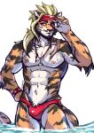  absurd_res anthro bulge clothing felid feline felis fur hi_res lifeguard male mammal midnight_blue muscular muscular_anthro muscular_male pantherine scar solo swimming_trunks swimwear tiger underwater underwear water 