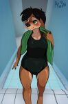  anthro arzdin blush cervid clothed clothing diaper diaper_fetish embarrassed female fur green_eyes mammal one-piece_swimsuit solo swimming_pool swimwear wet wet_body wet_fur 