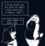  anonymous_artist anthro big_breasts black_background boss_monster bovid breasts caprine duo english_text female human humor mammal meme monochrome parent parent_and_child profanity protagonist_(undertale) simple_background size_difference speech_bubble text toriel undertale undertale_(series) video_games 