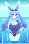  2021 5_fingers anthro anthrofied big_breasts big_ears blue_body blue_eyes blue_fur blue_nose blush breasts clothing cloud eeveelution female fingers fur glaceon gloves_(marking) hair hand_on_breast hand_on_chest handlebars hi_res huge_breasts inosagi long_ears looking_at_viewer markings multicolored_body multicolored_fur nintendo one-piece_swimsuit partially_submerged pok&eacute;mon pok&eacute;mon_(species) pok&eacute;morph short_hair sky solo swimming_goggles swimming_pool swimwear thick_thighs tight_clothing tuft video_games water wide_hips 