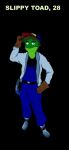  2012 amphibian anthro black_background clothing fredryk_phox frog gloves green_body green_hair hair handwear hat headgear headwear hi_res looking_at_viewer male nintendo simple_background slippy_toad solo star_fox star_fox_the_animated_series video_games 