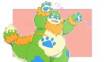  2021 5:3 anthro belly biped brown_body brown_fur canid canine canis domestic_dog dragon eyes_closed fur green_body hybrid inunoshippo japanese_text kemono mammal overweight paws pento_(kamiyu) simple_background solo text 