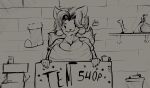  absurd_res anthro big_breasts breasts canid canine clothed clothing felid feline female hair hi_res huge_breasts mammal monochrome piilsud smile solo tem temmie_(undertale) text topwear undertale undertale_(series) video_games white_body 