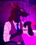  4:5 anthro beverage black_body black_fur blue_eyes clothed clothing eyewear fredryk_phox fully_clothed fur glasses grin hi_res looking_at_viewer male multicolored_body multicolored_fur necktie sergal shirt smile solo teeth_showing topwear vest 