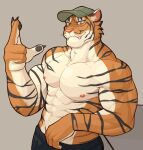  2021 abs anthro biceps big_muscles bottomwear claws clothed clothing felid fur grey_background hat headgear headwear hi_res jrjresq looking_at_viewer male mammal muscular muscular_anthro muscular_male navel nipples pantherine pants pecs simple_background smile solo standing teeth tiger topless topless_male tuft whiskers 