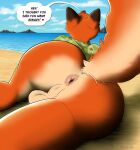  absurd_res anthro anus backsack balls beach big_butt bottomless butt butt_focus canid canine clothed clothing cloud dialogue disney ears_up english_text fox fox_tail fur genitals hi_res infinibeans lying male mammal mountain nick_wilde on_front orange_body orange_fur presenting presenting_hindquarters raised_tail rear_view sea seaside shirt solo speech_bubble talking_to_viewer tan_body tan_fur text topwear water zootopia 