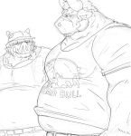  2021 anthro araiguma_11 belly blush bodily_fluids bottomwear bovid bovine cattle clothing duo kemono male mammal monochrome overweight overweight_male pants shirt simple_background sketch suid suina sus_(pig) sweat topwear white_background wild_boar 