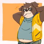  1:1 2021 anthro belly black_nose bottomwear brown_body brown_fur canid canine canis clothing domestic_dog eating eyewear fatkylefat food fur glasses hi_res kemono male mammal navel pants pocky shirt simple_background slightly_chubby solo topwear 