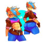  abs absurd_res activision anthro bandicoot big_butt blush bottomwear breasts butt clothed clothing crash_bandicoot_(series) denim denim_clothing dyed-hair ear_piercing female fully_clothed hi_res jeans mammal marsupial mcflarey medium_breasts mohawk muscular muscular_anthro muscular_female navel pants piercing pirate_tawna rear_view solo thick_thighs video_games wide_hips 