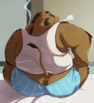  2021 anthro bed boxers_(clothing) brown_body brown_fur butt clothed clothing eyewear fur furniture glasses inside kemono male mammal mature_male o_miso_n overweight overweight_male shirt sitting smoking solo suid suina sus_(pig) tank_top topwear underwear wild_boar 