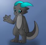  2020 absurd_res anthro black_sclera blue_background blue_eyes by_moan claws collaboration digitigrade featureless_crotch gesture grey_body grey_skin hi_res horn kobold male moodytail nude reptile scalie scar side_b simple_background solo standing waving 