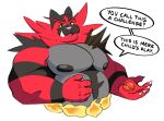  2021 anthro big_muscles big_nipples candy chocolate claws dessert dialogue english_text fire food fur hi_res incineroar looking_at_viewer male musclegut muscular muscular_anthro muscular_male narrowed_eyes nintendo nipples nude pawpads pecs pocky pocky_day pok&eacute;mon pok&eacute;mon_(species) simple_background smile solo splashburr talking_to_viewer teeth text tuft video_games white_background 