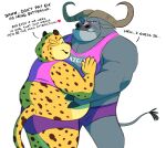  &lt;3 2021 anthro anthro_on_anthro belly benjamin_clawhauser big_belly big_muscles blush bottomwear bovid bovine cape_buffalo cheetah chief_bogo claws clothed clothing crop_top dialogue disney duo embrace english_text eyes_closed felid feline fingers fur hi_res hooved_fingers hooves horn hotpants looking_at_another male male/male mammal muscular muscular_anthro muscular_male obese overweight overweight_anthro overweight_male romantic romantic_couple shirt shorts simple_background smile splashburr standing tank_top text topwear tuft whiskers white_background zootopia 