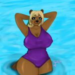  1:1 2021 absurd_res anthro ashlynn_(fots) beaver big_breasts big_butt black_nose blonde_hair breasts brown_body brown_fur butt clothing female fighter_of_the_stars fur hair hi_res mammal one-piece_swimsuit rodent slightly_chubby solo swimwear thick_thighs water wide_hips 