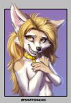  2021 5_fingers anthro black_nose blonde_hair blush breasts brown_eyes canid canine collar collar_only digital_media_(artwork) eyebrows eyelashes female fennec fingers fox foxovh fur gold_(metal) gold_collar hair half-length_portrait hi_res humanoid_hands long_hair looking_at_viewer mammal multicolored_body multicolored_fur nude penny_fenmore portrait shaded smile solo tan_body tan_fur teeth two_tone_body two_tone_fur white_body white_fur 