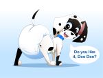 101_dalmatian_street 101_dalmatians 4:3 anthro butt canid canine canis dalmatian diaper disney dizzy_(101_dalmatians) domestic_dog english_text female imces looking_back mammal open_mouth padding simple_background solo speech_bubble text white_diaper 