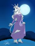  2021 absurd_res amalthea_(tlu) anthro clothed clothing dress duskdragyn equid equine female grass hi_res horn mammal moon night plant solo the_last_unicorn unicorn 