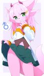  2_horns 4_ears absurd_res anthro bottomwear clothed clothing clothing_lift crossdressing devil-vox fur gender_symbol girly green_eyes hair hi_res horn kemono looking_at_viewer male male_symbol mammal multi_ear navel panties pink_body pink_fur pink_hair red_horn skirt skirt_lift smile smiling_at_viewer solo standing symbol underwear unknown_species 