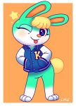  animal_crossing anthro blush blush_stickers bottomless clothed clothing hands_in_pockets hi_res lagomorph leporid letterman_jacket looking_at_viewer lovelymaggiewings male mammal nintendo one_eye_closed pockets rabbit sasha_(animal_crossing) solo star star_wink tongue tongue_out video_games wink 