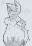  2021 anthro anthrofied big_breasts blush bodily_fluids breasts female genital_fluids genitals graphite_(artwork) hand_behind_head hand_on_hip lunaris_parukia navel nintendo nipples nude pok&eacute;mon pok&eacute;mon_(species) pok&eacute;morph poochyena pussy pussy_juice solo thigh_gap traditional_media_(artwork) video_games 