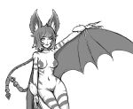  bat_ears bat_wings breasts chiropteran claws fangs female fur fur_tuft gravelurkertsk hair humanoid inner_ear_fluff long_claws mammal membrane_(anatomy) membranous_wings monochrome ponytail solo striped_body stripes tuft wings 