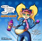  activision anthro blonde_hair breasts clothing container crash_bandicoot_(series) cup drakanoms drinking_glass english_text female glass glass_container glass_cup green_eyes hair hi_res holding_belly pasadena_o&#039;possum pigtails pink_nose pregnant pregnant_female scarf small_breasts solo text tight_clothing video_games 