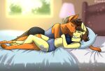  4322chan anthro bed bedroom brown_hair clothed clothing cuddling cutie_mark detailed_background duo equid equine eyes_closed fan_character female furniture hair hi_res horse lying lying_on_bed male male/female mammal my_little_pony on_bed orange_body orb partially_clothed pony romantic romantic_ambiance romantic_couple yellow_body 
