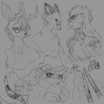  1:1 2020 absurd_res annoyed anthro antlers bust_portrait canid canine cervid cheek_tuft chest_tuft cigarette claws clothed clothing cooper_(scratch21) dialogue digital_drawing_(artwork) digital_media_(artwork) drumming_stick ear_piercing ed_(scratch21) eyewear facial_tuft fangs felid female floppy_ears fox frown fur glasses grey_background group guitar_pick hair half-closed_eyes head_tuft hi_res horn inner_ear_fluff lagomorph leporid lion long_ears male mammal mane matt_(scratch21) monochrome narrowed_eyes pabu_(artist) pantherine percussion_mallet piercing pin_button portrait rabbit red_fox riley_(scratch21) scratch21 simple_background sketch smile smoking text topless topwear tuft worried 