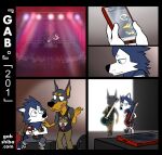  american_pit_bull_terrier anthro band bass_guitar bau_husky black_body black_clothing black_fur black_nose black_shirt black_tank_top black_topwear blue_body blue_fur canid canine canis cellphone clothed clothing comic crowd dobermann domestic_dog drum drum_set duo electric_guitar fur gab_(comic) gabshiba group guitar holding_cellphone holding_object holding_phone hunting_dog husky inside karl_doberman leaving looking_at_cellphone looking_at_object looking_at_phone looking_back ma-star_mastiff male mammal mastiff microphone molosser multicolored_body multicolored_fur musical_instrument nordic_sled_dog percussion_instrument phone pinscher pit_bullterrier plucked_string_instrument sad shirt sitting solo spitz stage stage_lights string_instrument tank_top telegram terrier text texting topwear two_tone_body two_tone_fur url waiting white_body white_fur 