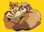  2021 anthro black_nose bodily_fluids brown_body canid canine duo embrace food hi_res hug lutrine male male/male mammal moobs musclegut mustelid nipples pocky raccoon_dog simple_background smashbeaw sweat tanuki tongue tongue_out yellow_background 