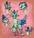  4_ears anthro avali avali_(original) blue_body blue_feathers charlyhorse countershading dewclaw digitigrade feathered_crest feathered_wings feathers female green_body green_eyes gyrotech head_crest luvashi mouth_shot multi_ear open_mouth solo tongue tongue_out winged_arms wings 