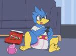  anthro avian berdly blue_body deltarune diaper eyewear furniture glasses male padding ritzcat sippy_cup sitting sofa solo undertale_(series) video_games white_diaper 