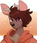  2021 anthro antlers brown_body brown_fur brown_hair bust_portrait cervid chest_tuft clothing digital_drawing_(artwork) digital_media_(artwork) ed_(scratch21) fur hair happy hi_res horn male mammal portrait purple_eyes scratch21 simple_background smile solo stariikat tan_body tan_fur topwear tuft 