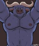  anthro armpit_hair biceps bodily_fluids body_hair bovid bovine cape_buffalo chief_bogo disney first_person_view grumpy low-angle_view male mammal muscular muscular_male nanoff nipples pecs solo sweat zootopia 